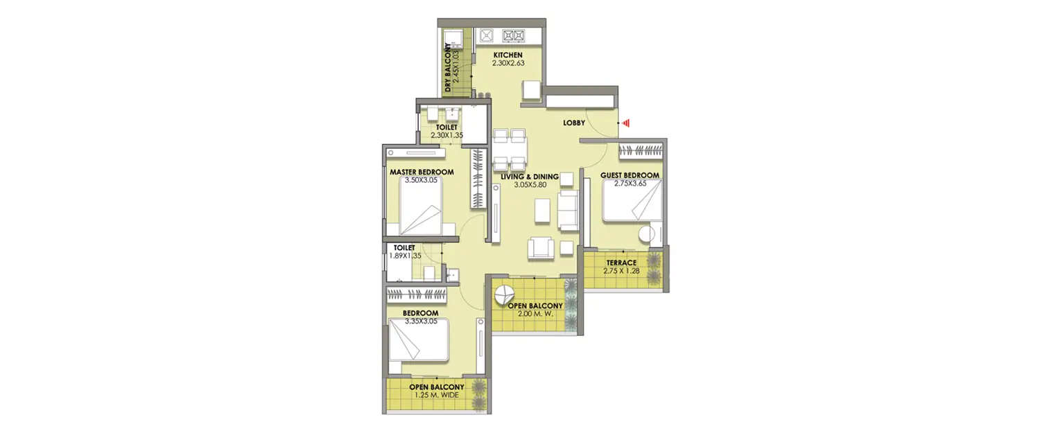 Floor plan for 3 BHK