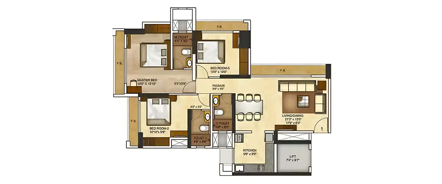 Floor plan for 3 BHK