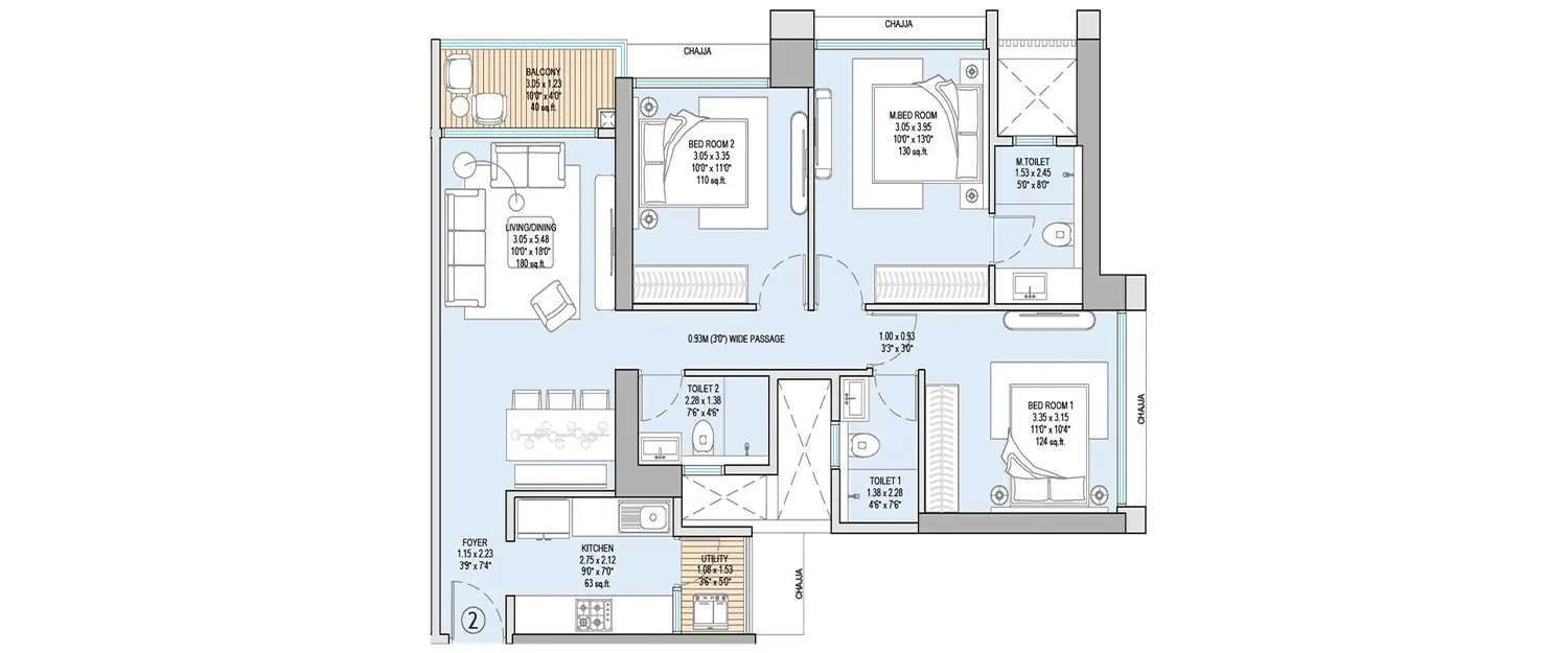 Floor plan for 3 BHK