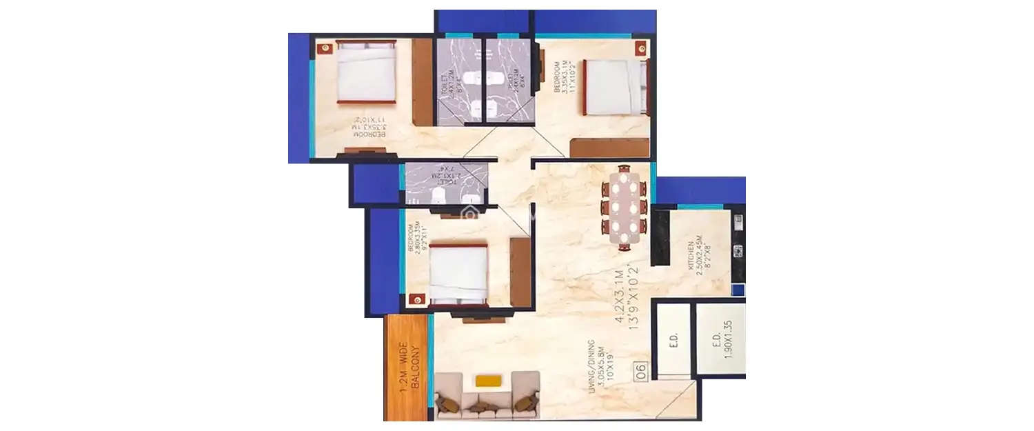 Floor plan for 3 BHK
