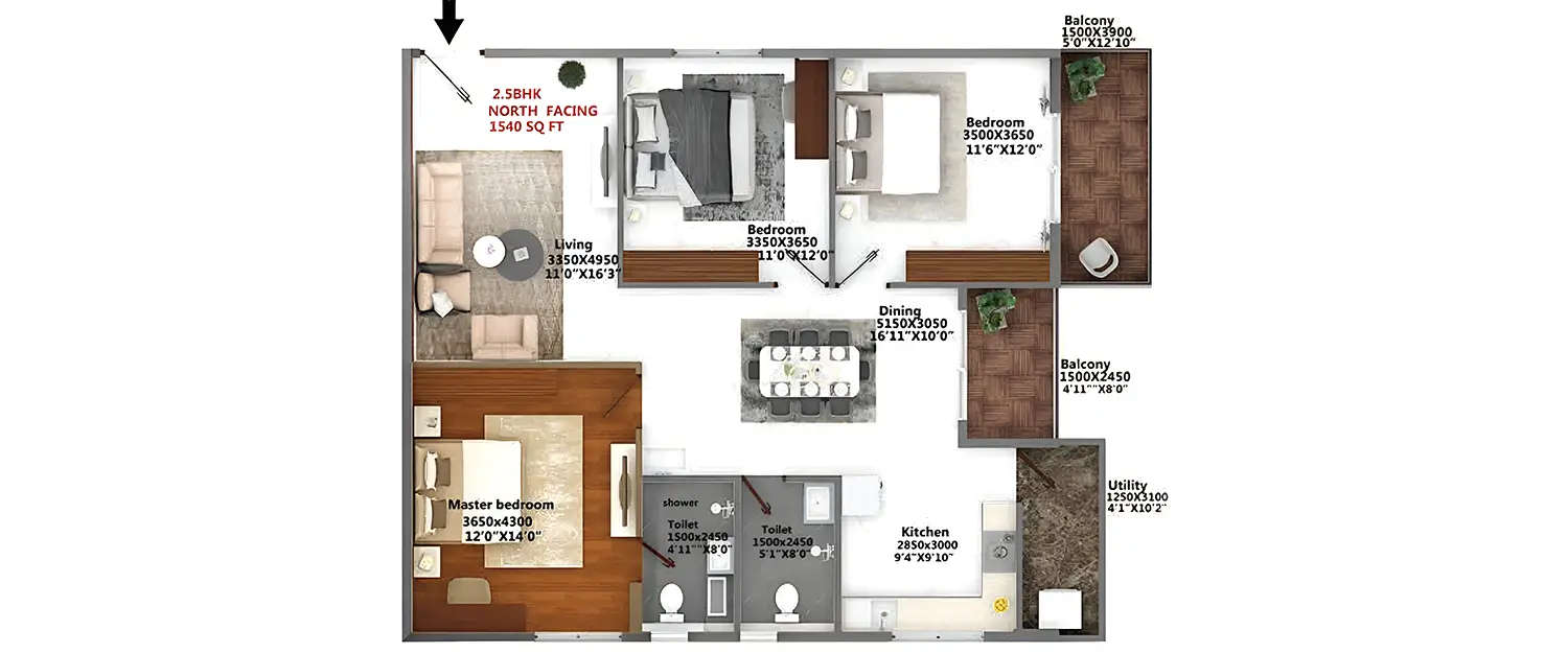 Floor plan for 3 BHK
