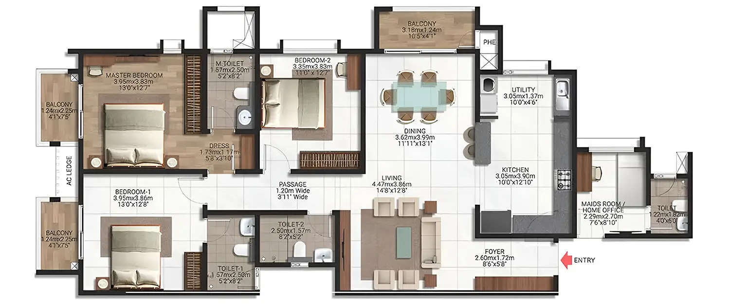 Floor plan for 3 BHK