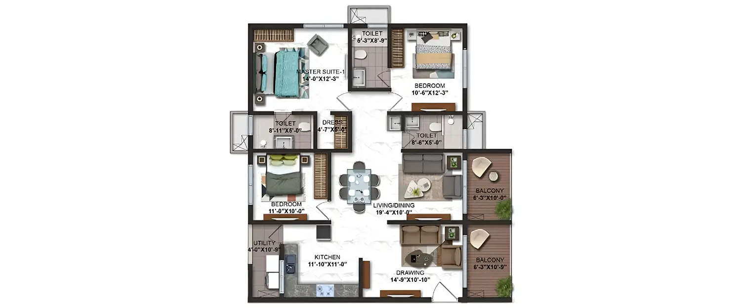 Floor plan for 3 BHK