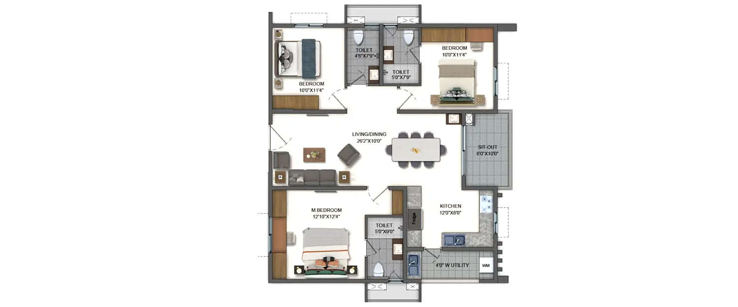 Floor plan for 3 BHK