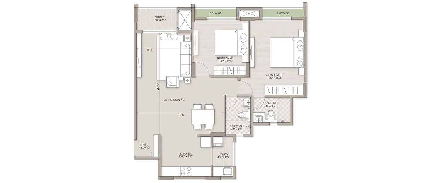 Floor plan for 2 BHK