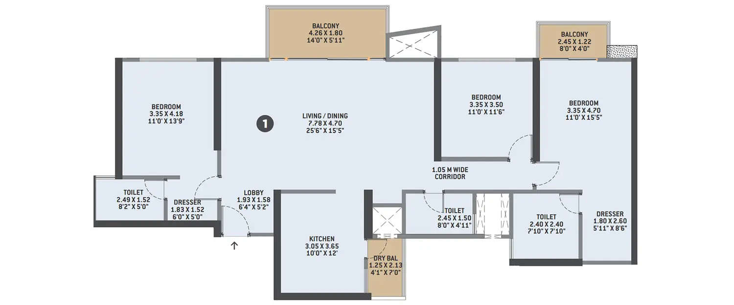 Floor plan for 3 BHK