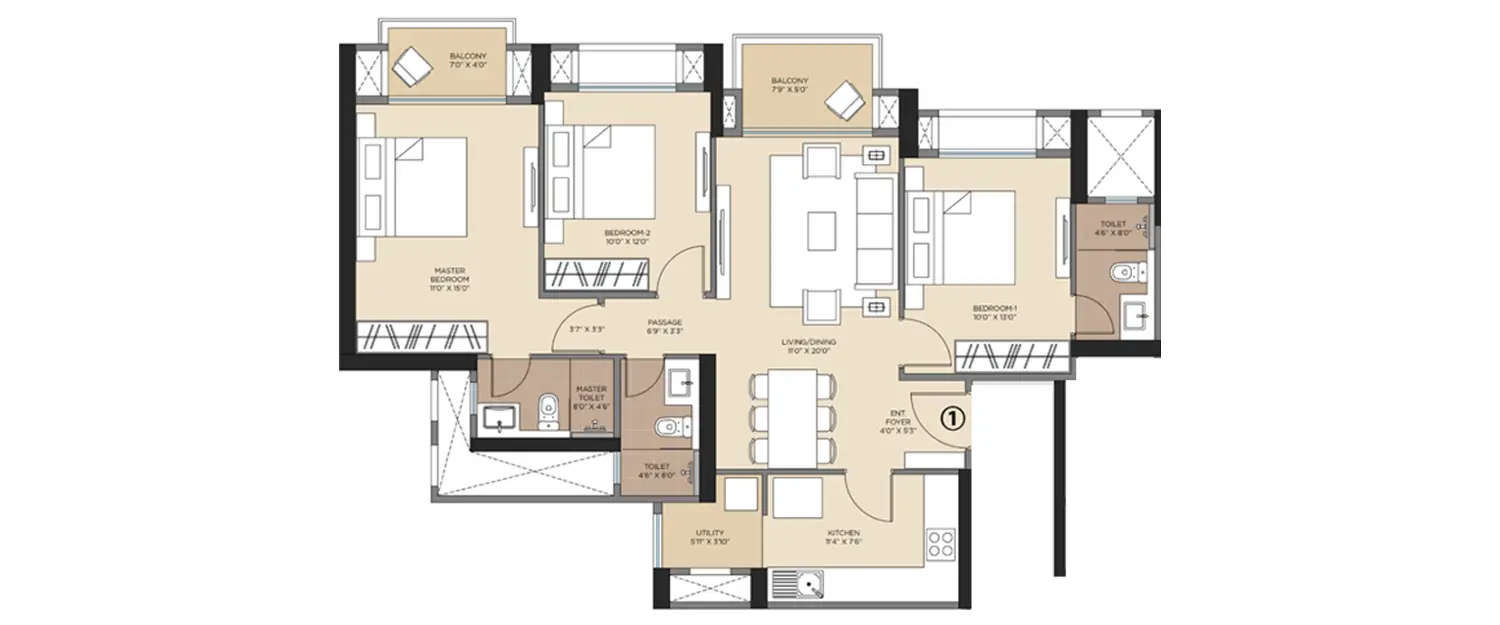 Floor plan for 3 BHK