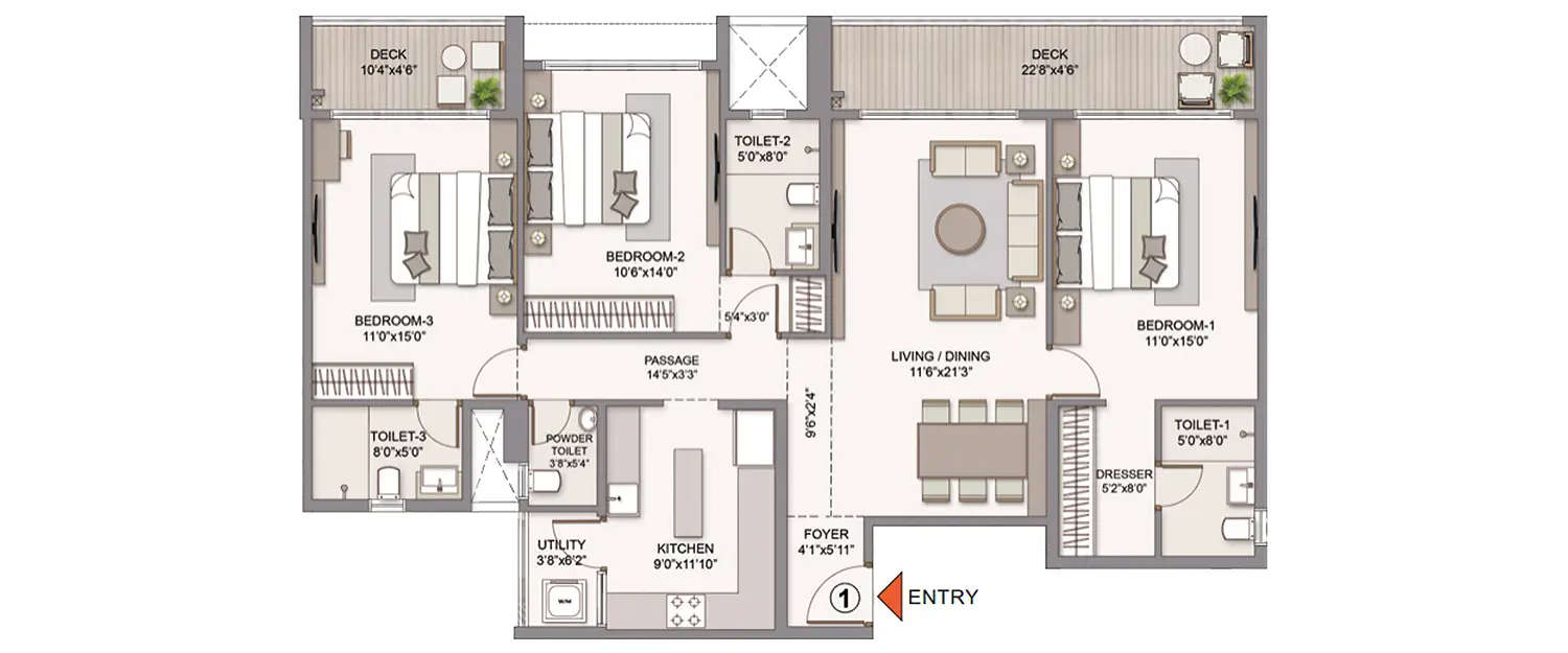 Floor plan for 3 BHK