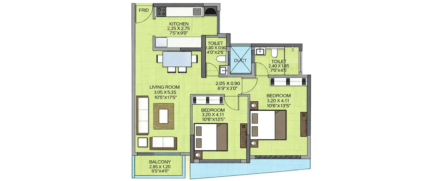 Floor plan for 2 BHK