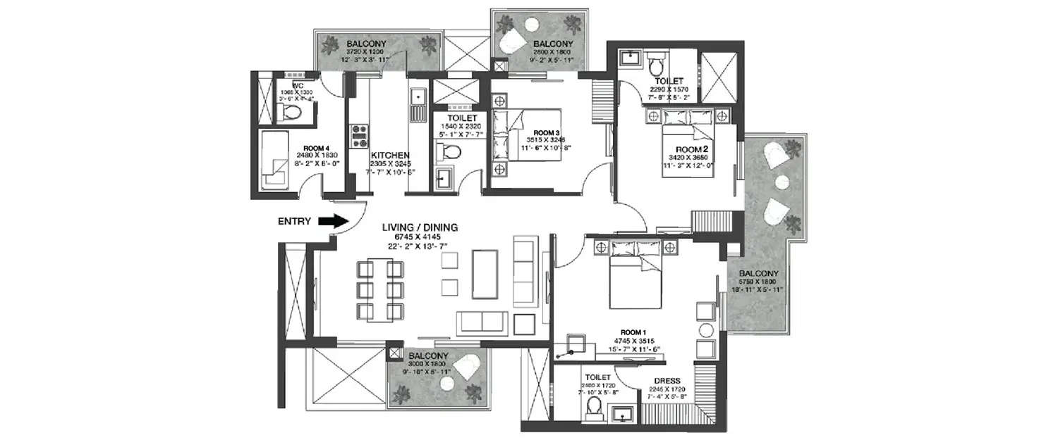 Floor plan for 3 BHK