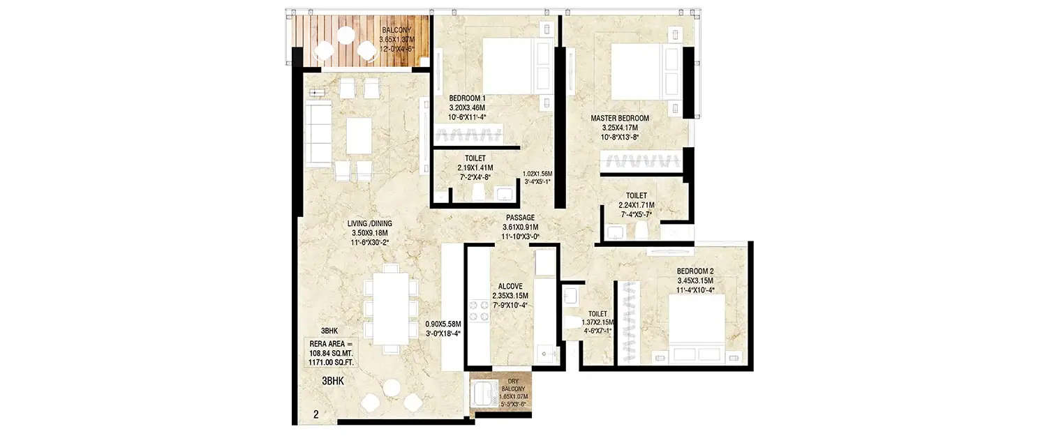 Floor plan for 3 BHK