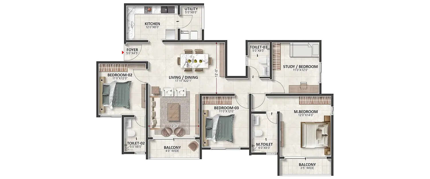 Floor plan for 3 BHK