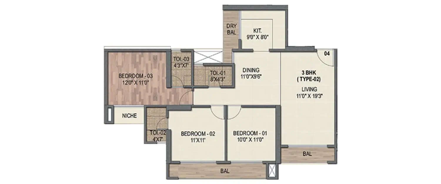 Floor plan for 3 BHK