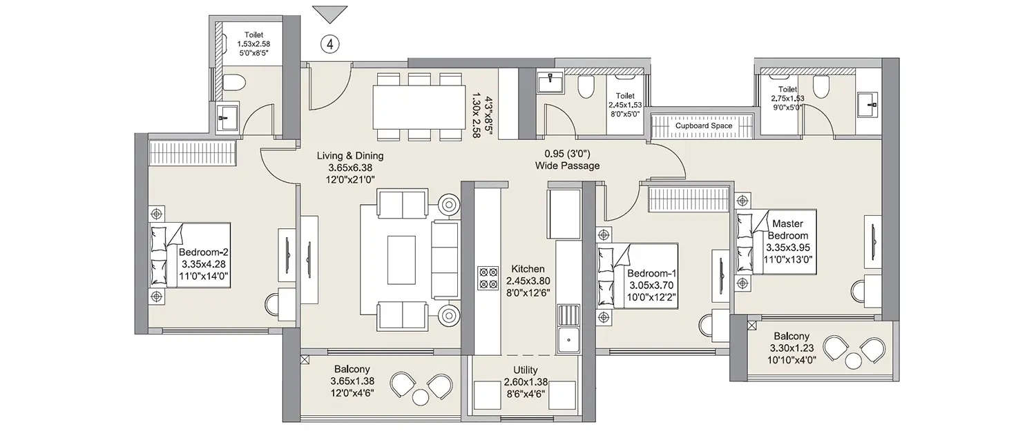 Floor plan for 3 BHK