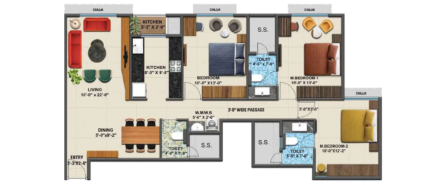 Floor plan for 3 BHK