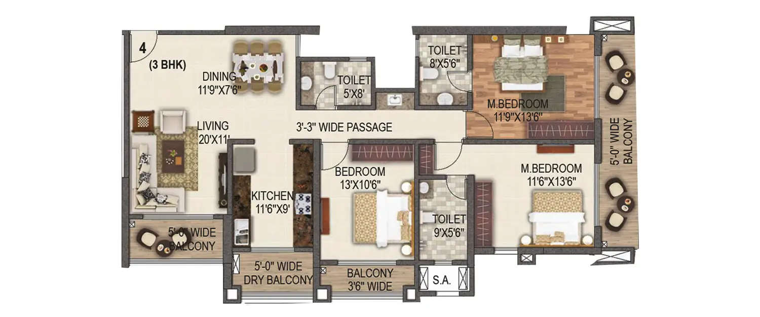 Floor plan for 3 BHK