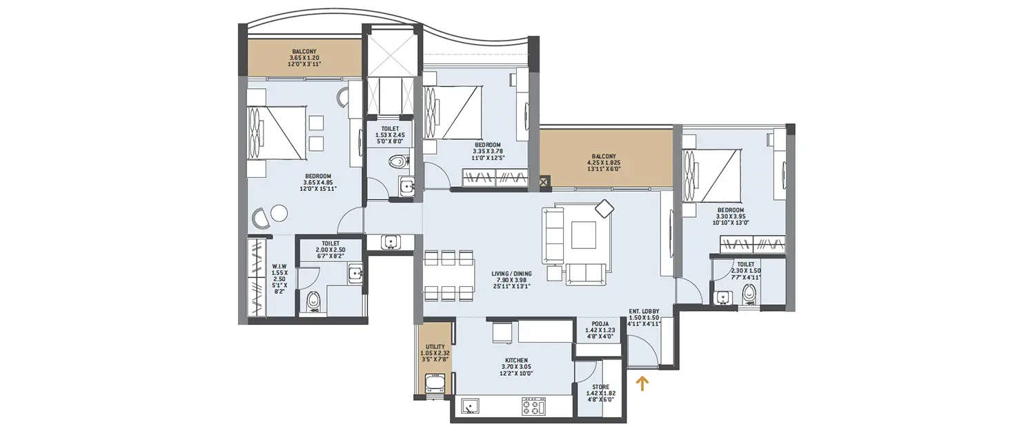 Floor plan for 3 BHK