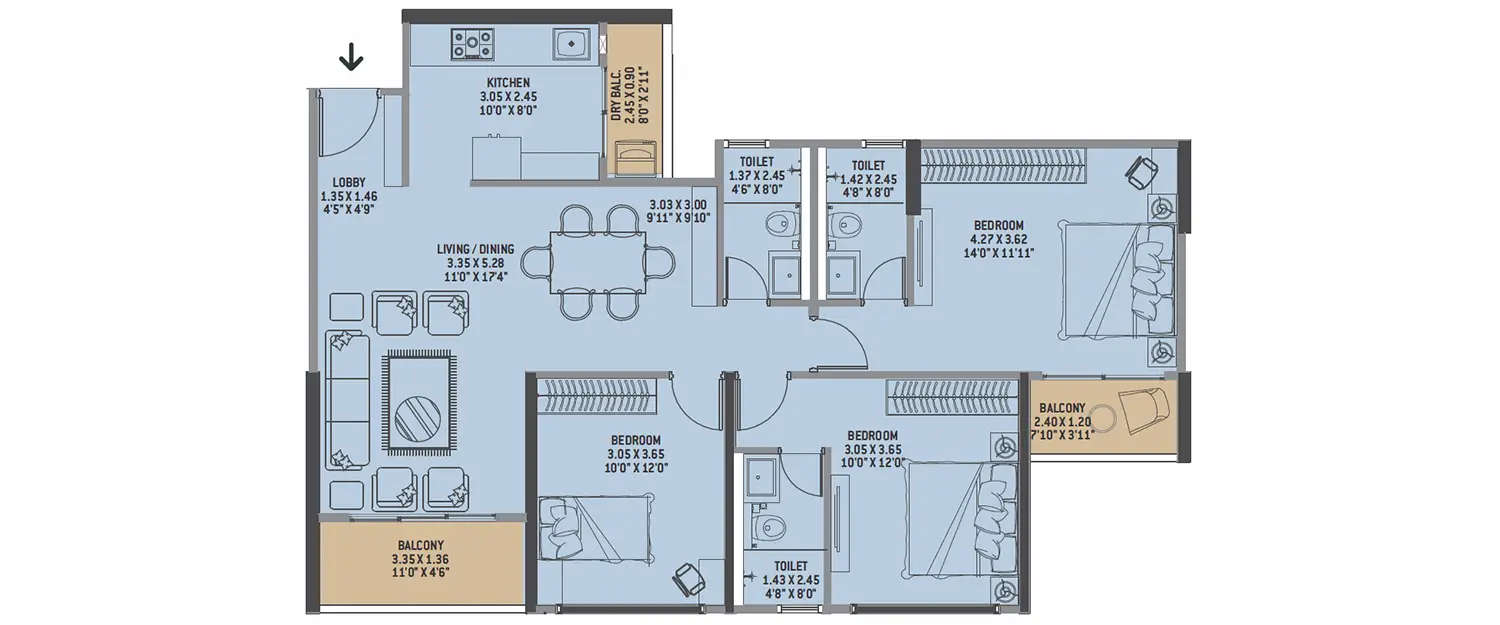 Floor plan for 3 BHK