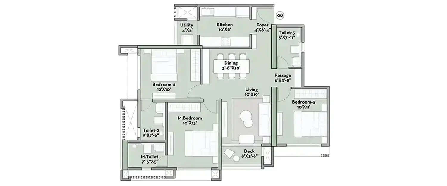Floor plan for 3 BHK
