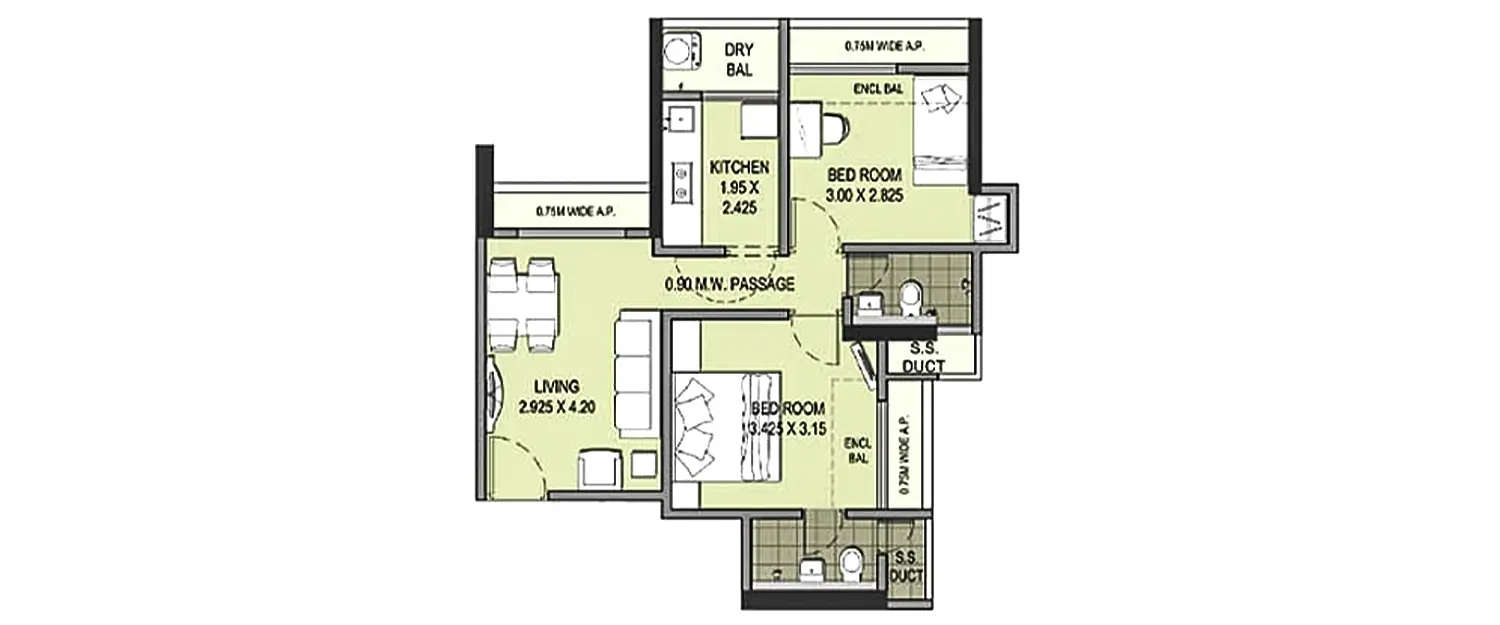 Floor plan for 2 BHK