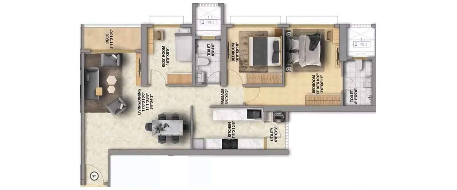 Floor plan for 3 BHK