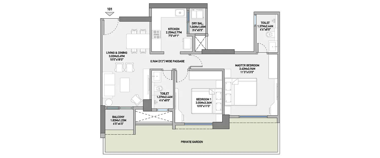 Floor plan for 2 BHK