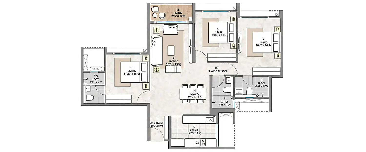 Floor plan for 3 BHK