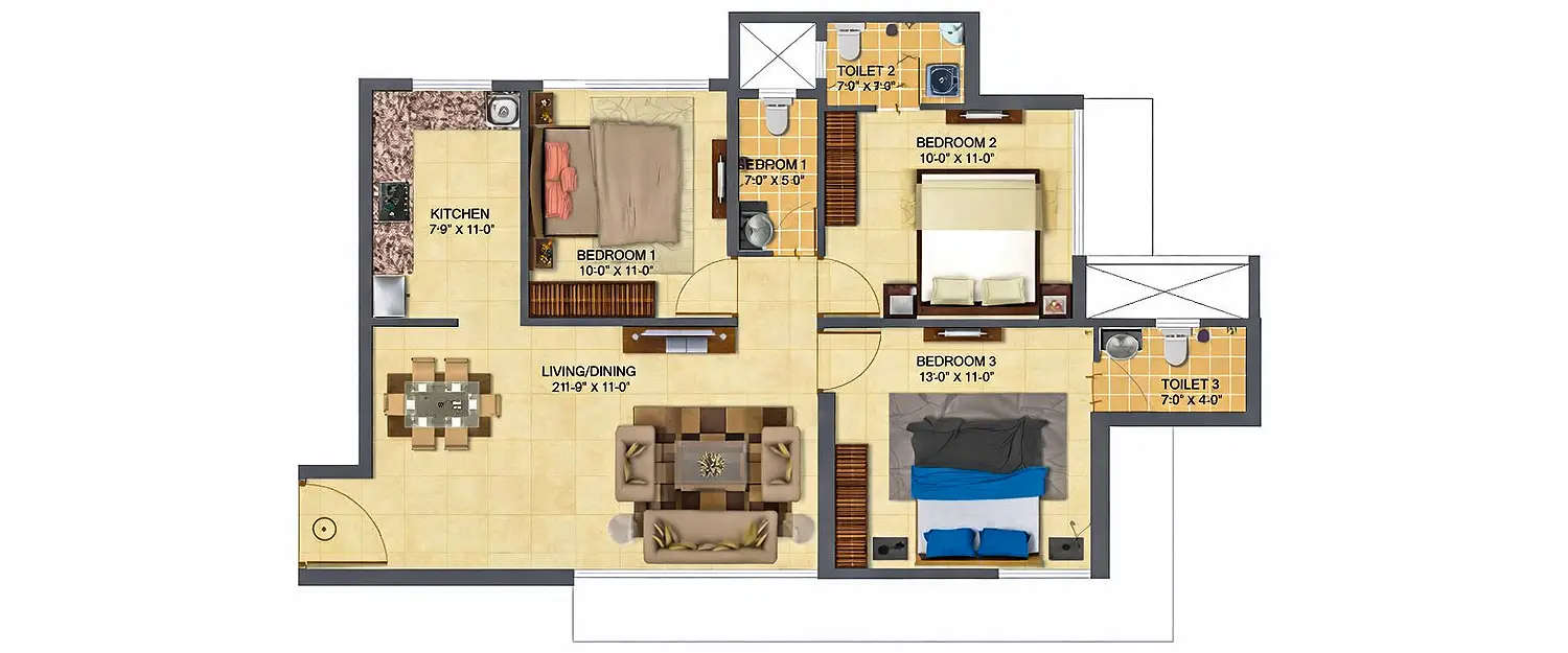 Floor plan for 3 BHK