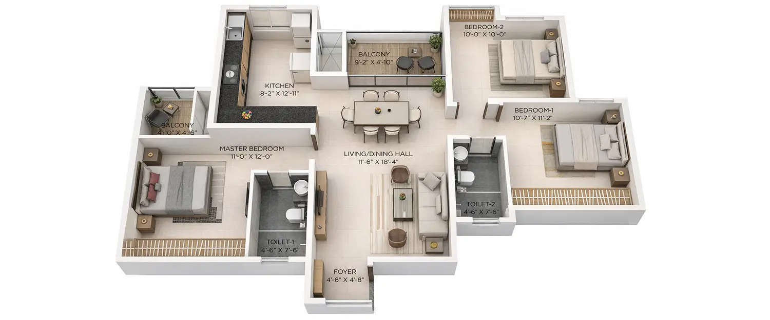 Floor plan for 3 BHK