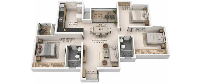 Provident Botanico Whitefield - Floor plan 3 BHK 1334 Sq.ft