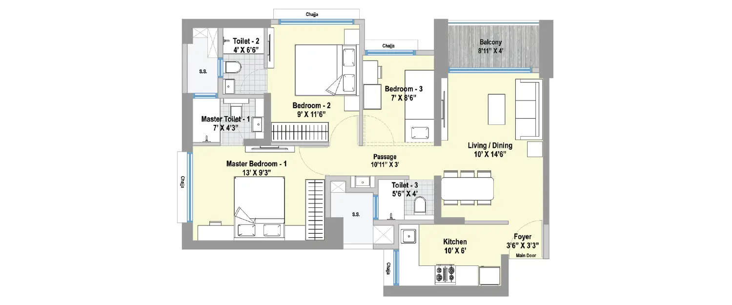 Floor plan for 3 BHK