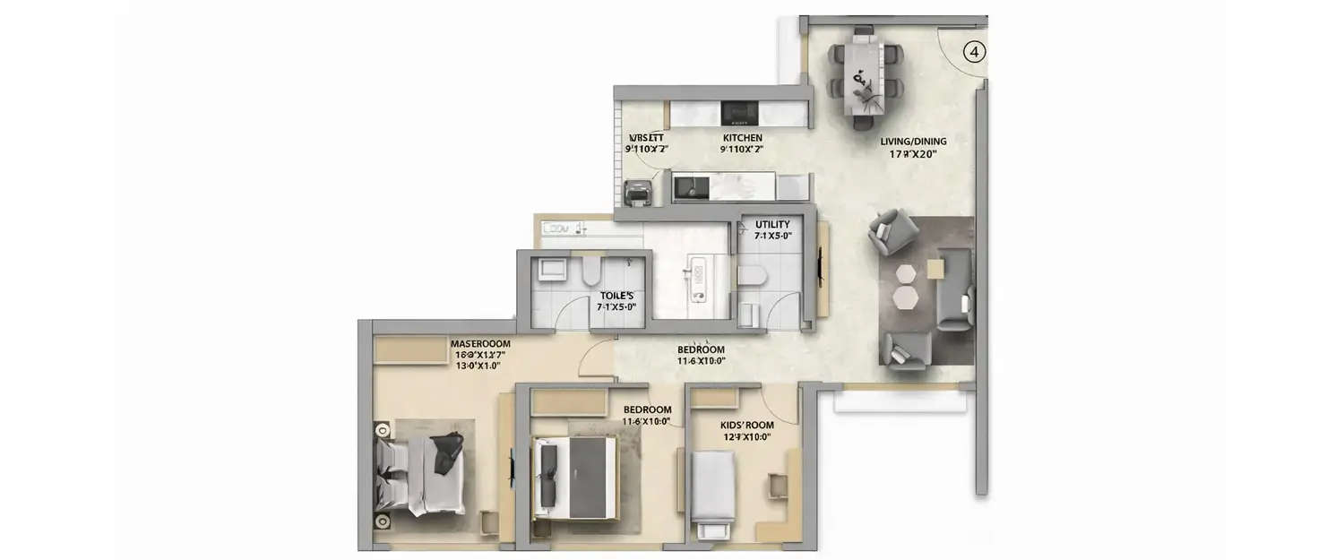 Floor plan for 3 BHK