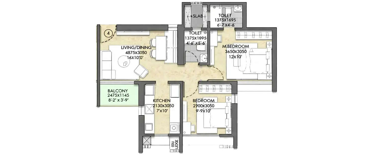 Floor plan for 2 BHK