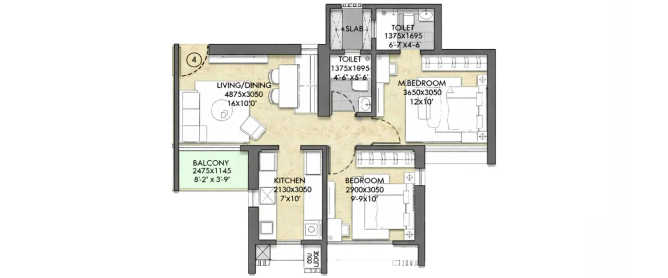 Raymond Realty Pokhran Road 1 - Floor plan 2 BHK 595 Sq.ft