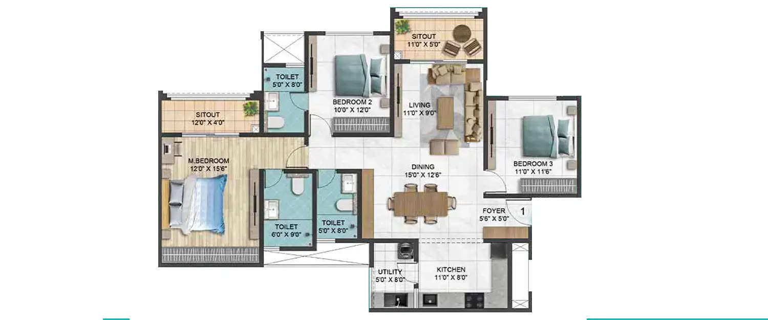 Floor plan for 3 BHK
