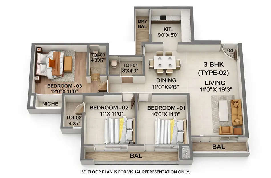 Floor plan for 3 BHK