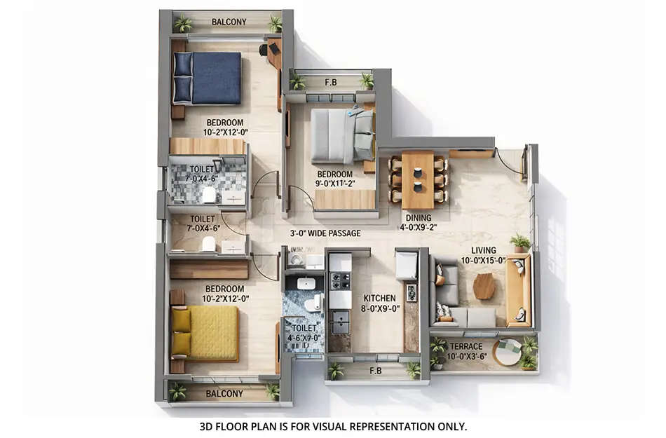 Floor plan for 3 BHK