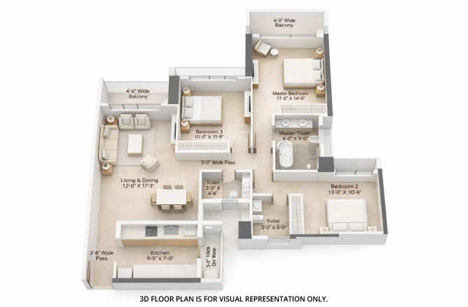 Sunteck Beach Residences Vasai - Floor plan 3 BHK 1153 Sq.ft