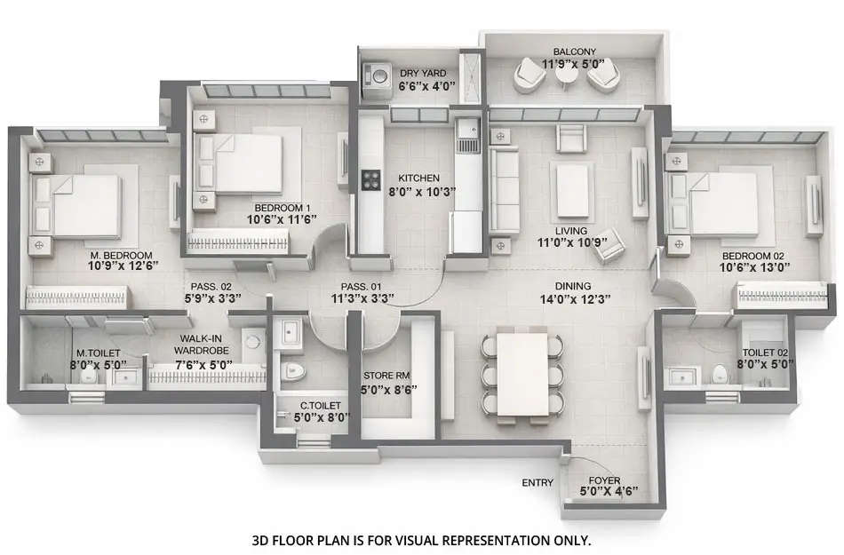 Floor plan for 3 BHK