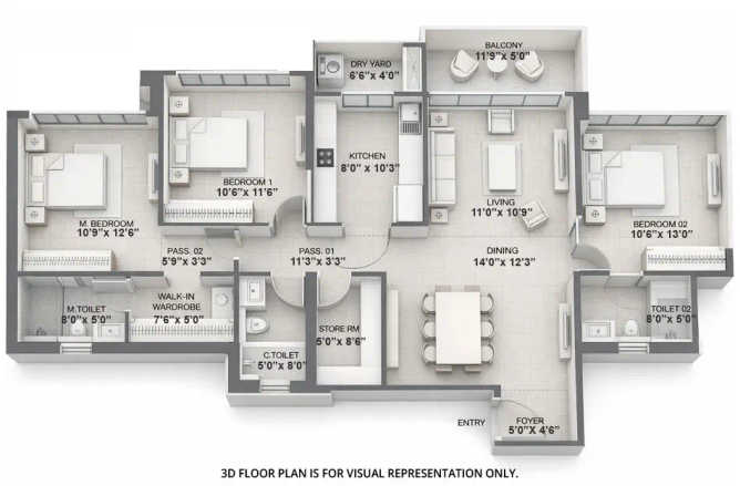 Sheth Edmont Kandivali - Floor plan 3 BHK 1218 Sq.ft