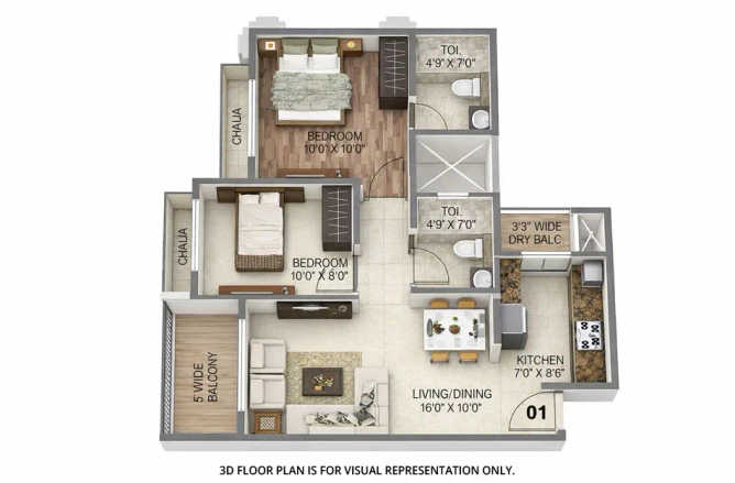 Sai World Dreams Dombivali - Floor plan 2 BHK 609 Sq.ft