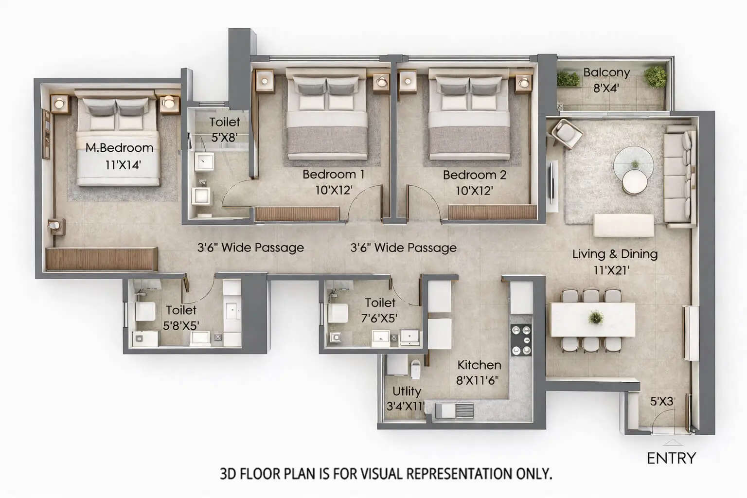 Floor plan for 3 BHK
