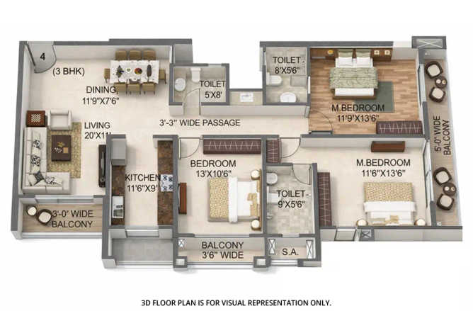 Sai World Legend Ulhasnagar - Floor plan 3 BHK 1123 Sq.ft