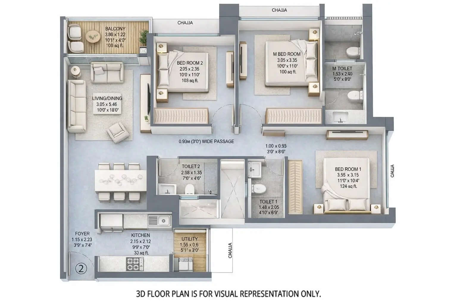 Floor plan for 3 BHK