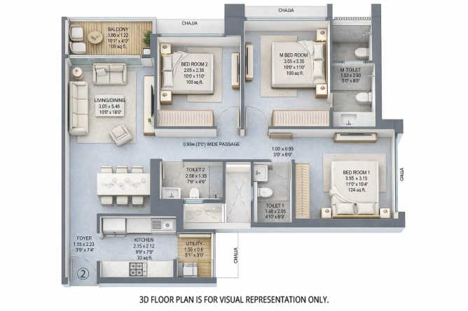 Godrej Nurture Bhandup - Floor plan 3 BHK 908 Sq.ft