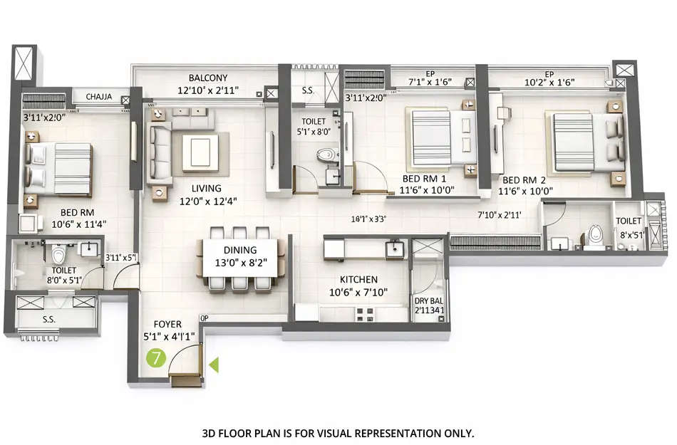 Floor plan for 3 BHK