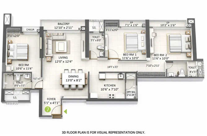 Shapoorji Northern Lights Pokhran Road 2 - Floor plan 3 BHK 1300 Sq.ft