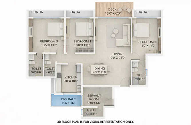Delta Palm Beach Seawoods - Floor plan 3 BHK 1201 Sq.ft