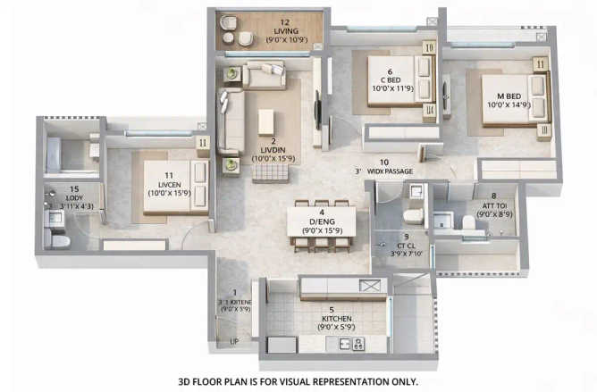 Rustomjee Urban Woods Dombivali - Floor plan 3 BHK 971 Sq.ft