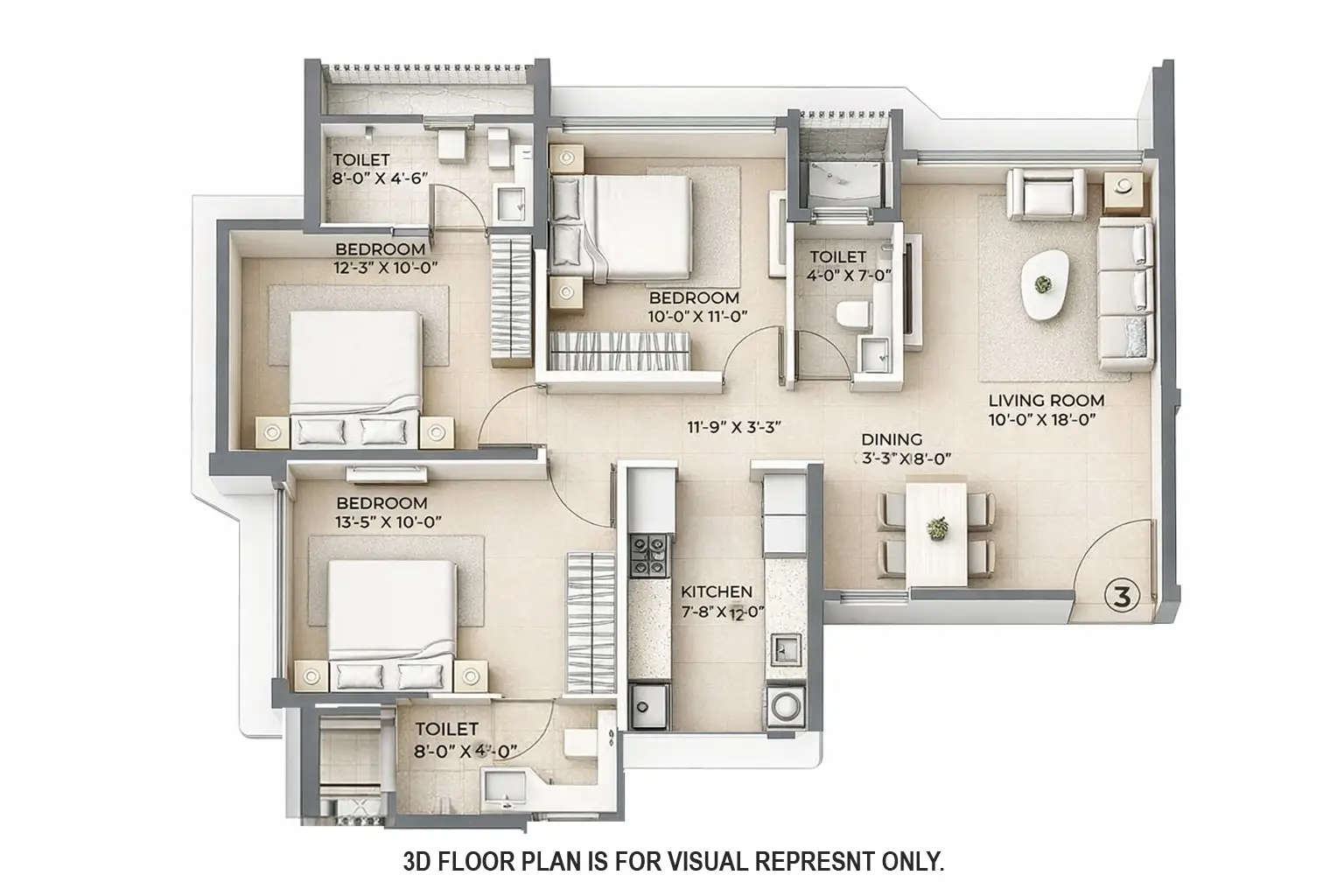 Floor plan for 3 BHK